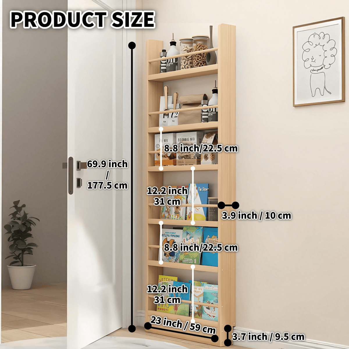 VGBYUJ 6 Tier Behind The Door Bookshelf, 70" Behind The Door Storage Organizer, Wall Mount Bookcases for Narrow Space, Solid Wood