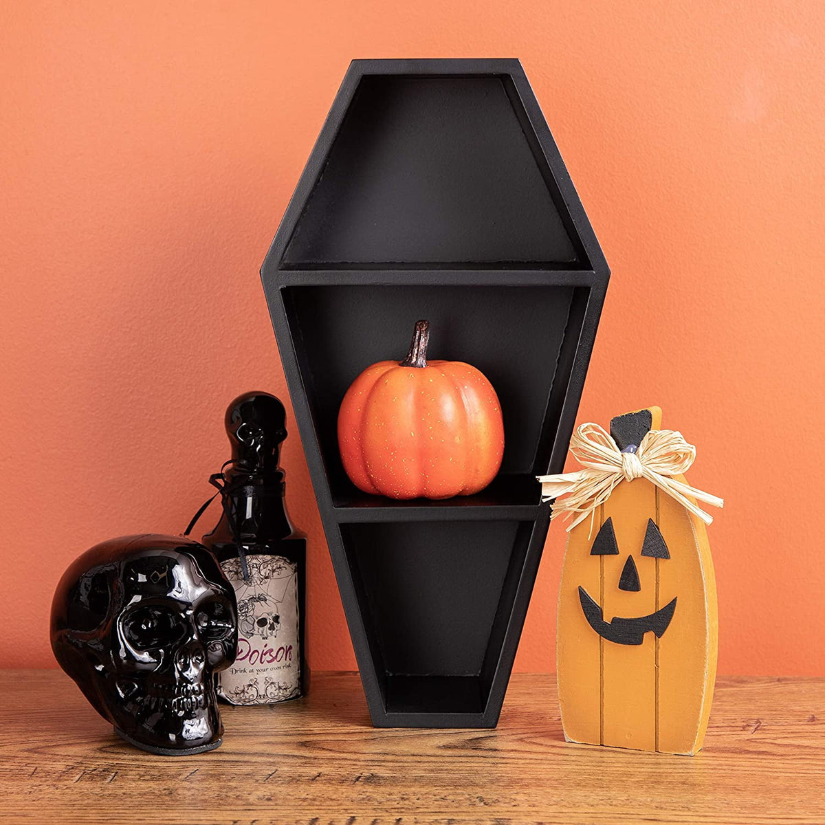 Manny's Mysterious Oddities Black Coffin Shelf - Spooky Gothic Decor for the Home-Floating Wooden Shelf for Wall or Table Top