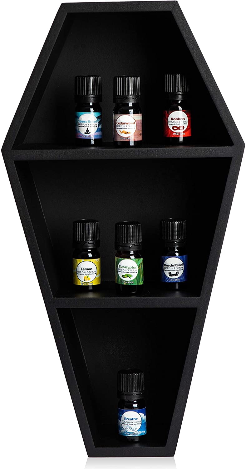 Manny's Mysterious Oddities Black Coffin Shelf - Spooky Gothic Decor for the Home-Floating Wooden Shelf for Wall or Table Top