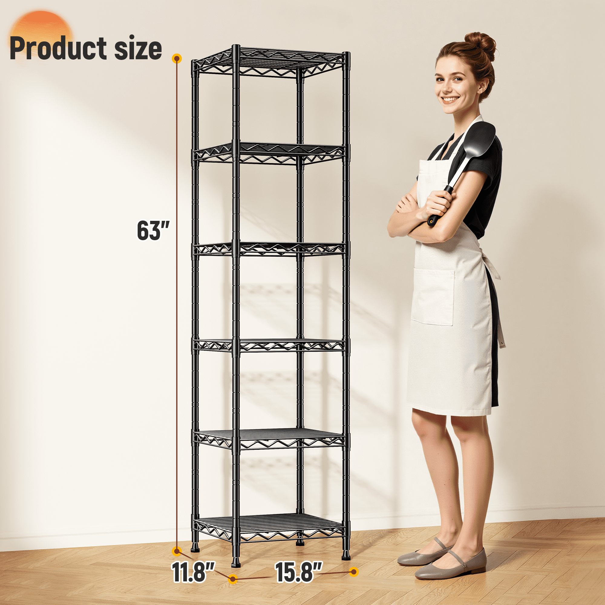 melmine Slim Vertical Storage Shelf,6-Tier Narrow Storage Rack for Bathroom Small Spaces,Adjustable Metal Shelving Unit,15.8"W x 11.8"D x 63"H,Black