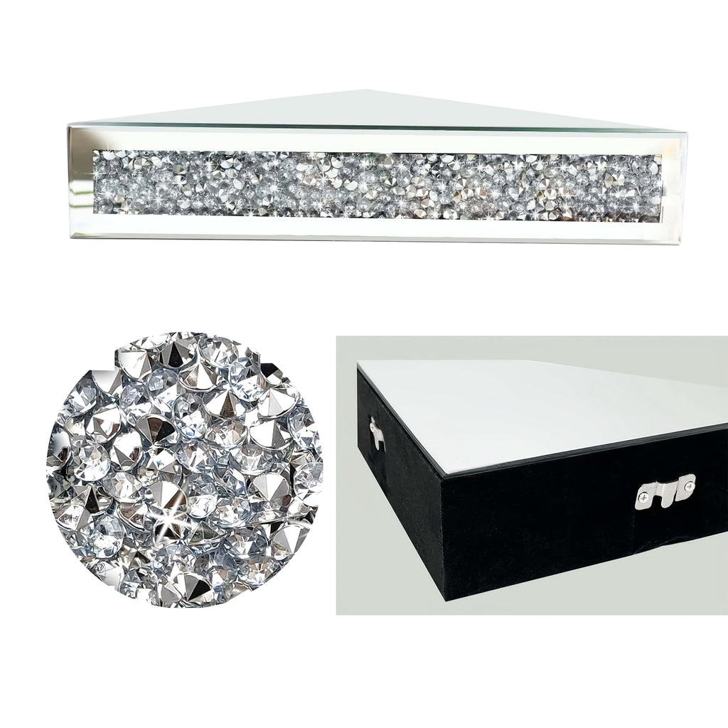 Mirrored Floating Corner Shelf Set of 2 - 14.96" Triangle Silver Mirror Crushed Diamond Wall Shelves for Home Decor, Crystal Diamond Art Deco Display for Living Room, Bedroom - 90°Right Angle Only