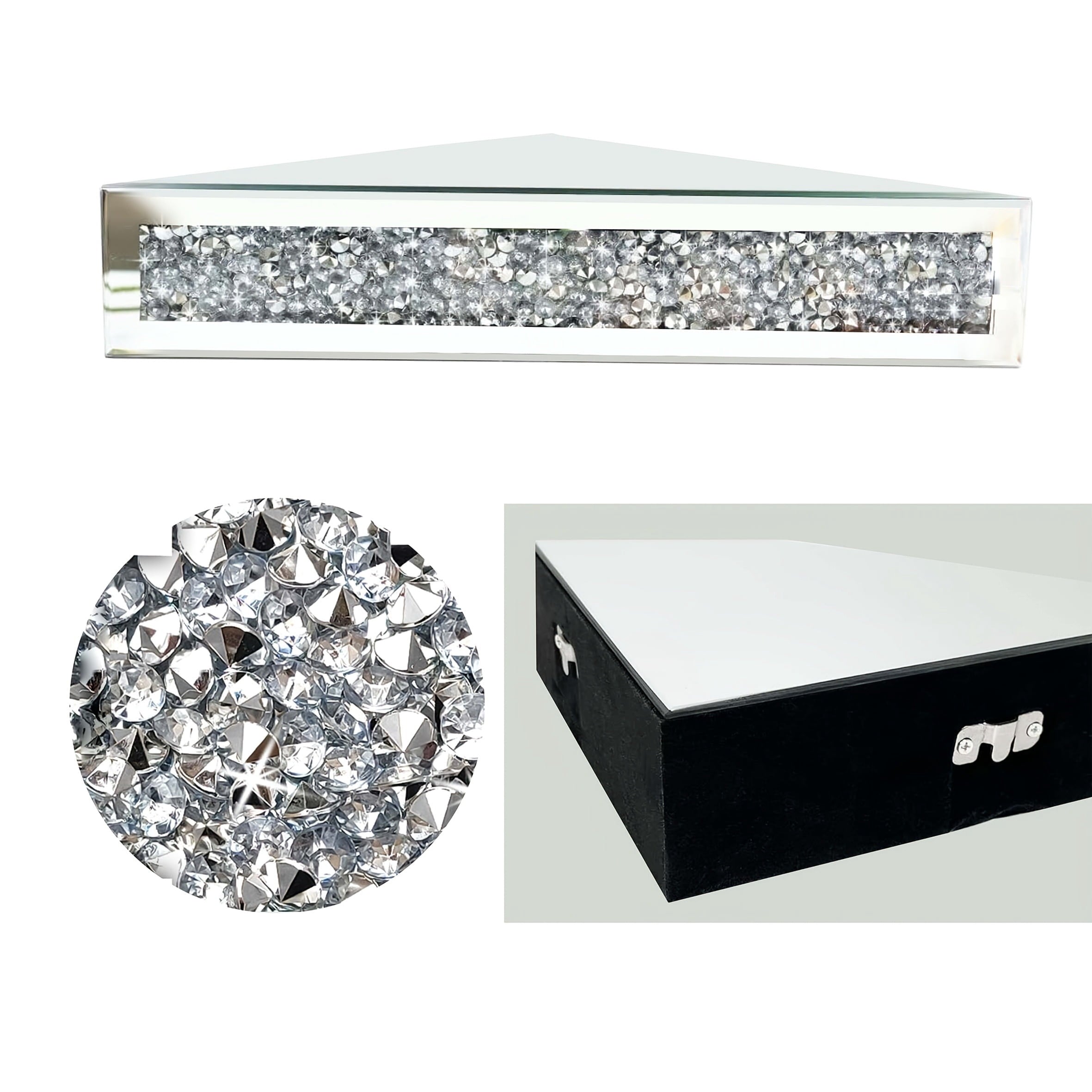 Mirrored Floating Corner Shelf Set of 2 - 14.96" Triangle Silver Mirror Crushed Diamond Wall Shelves for Home Decor, Crystal Diamond Art Deco Display for Living Room, Bedroom - 90°Right Angle Only