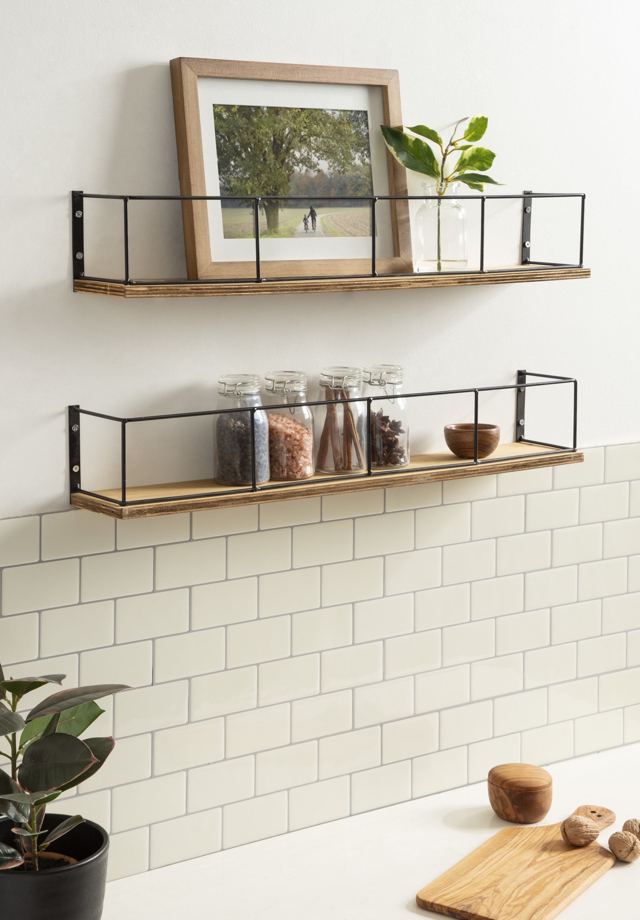 Kate and Laurel Benbrook 24 inch 2-Pack Wood and Metal Floating Wall Shelves, Rustic Brown and Black