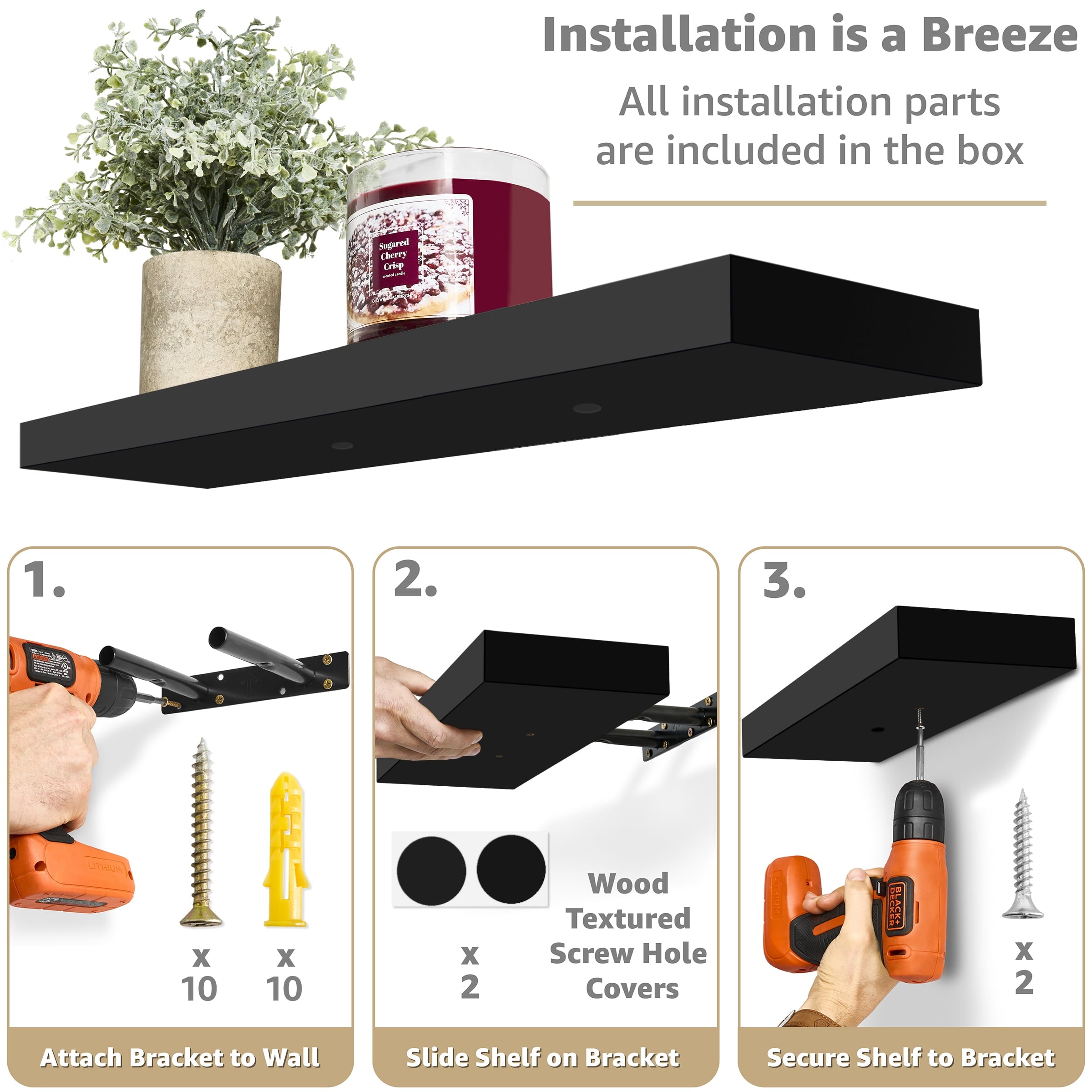 Sorbus Wall Mounted Floating Shelves for Wall Décor - Large 24 Inch, 4 Pack, Black