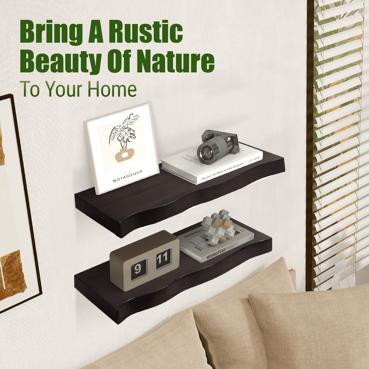 24'' Live Edge Floating Shelves Set of 2 - Thick and Heavy Floating Shelves for Wall, Rustic Shelves with Brackets for Home Decor, Farmhouse Bathroom Decor, Espresso Color, 24" x8''