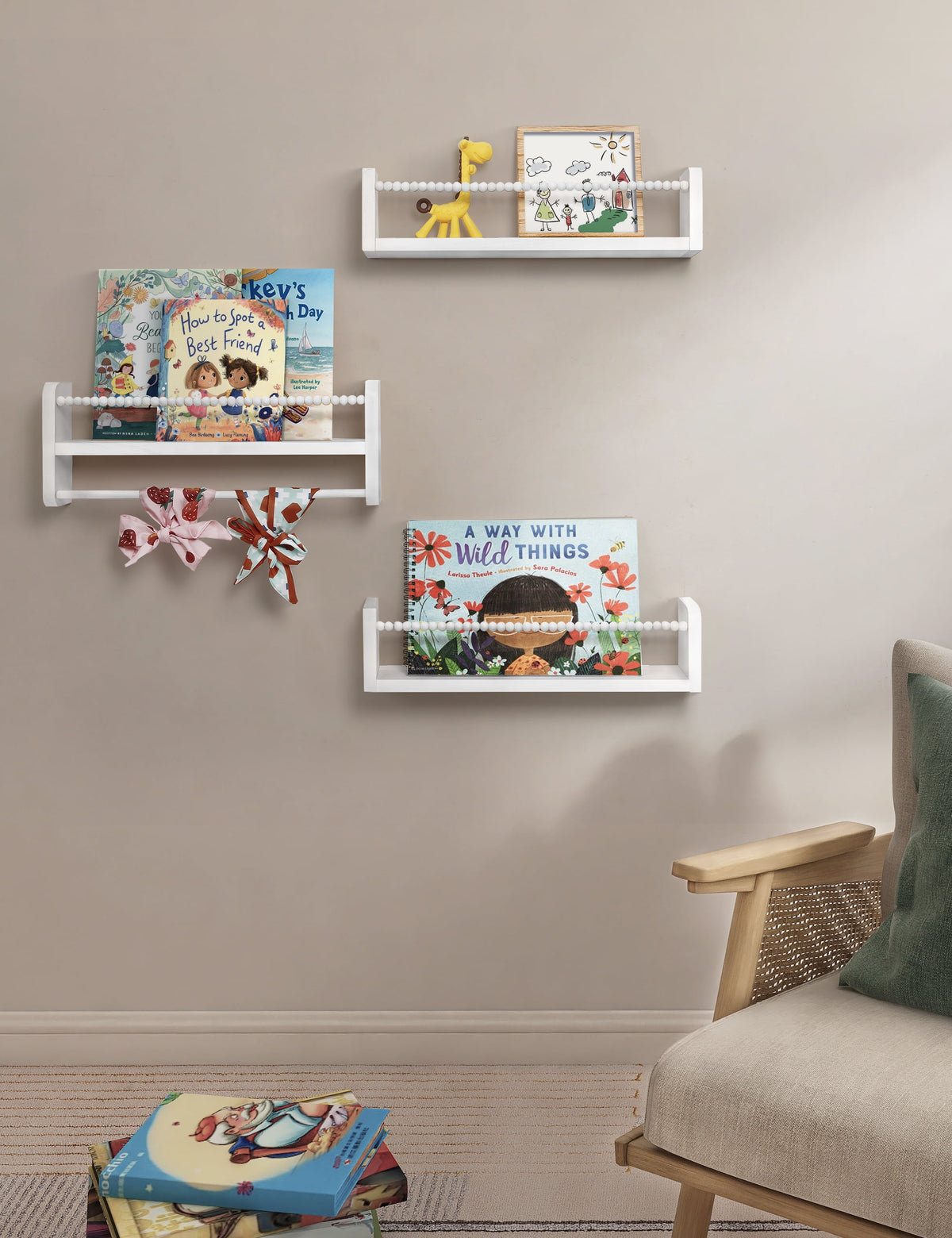 SUMGAR White Floating Shelves Set of 3 16in, Wood Book Shelf for Kids Rooms Bedroom Wall Mount Nursery Floating Bookshelves Toy Storage Organizer for Nursery Decor or Wall Shelves for Kitchen