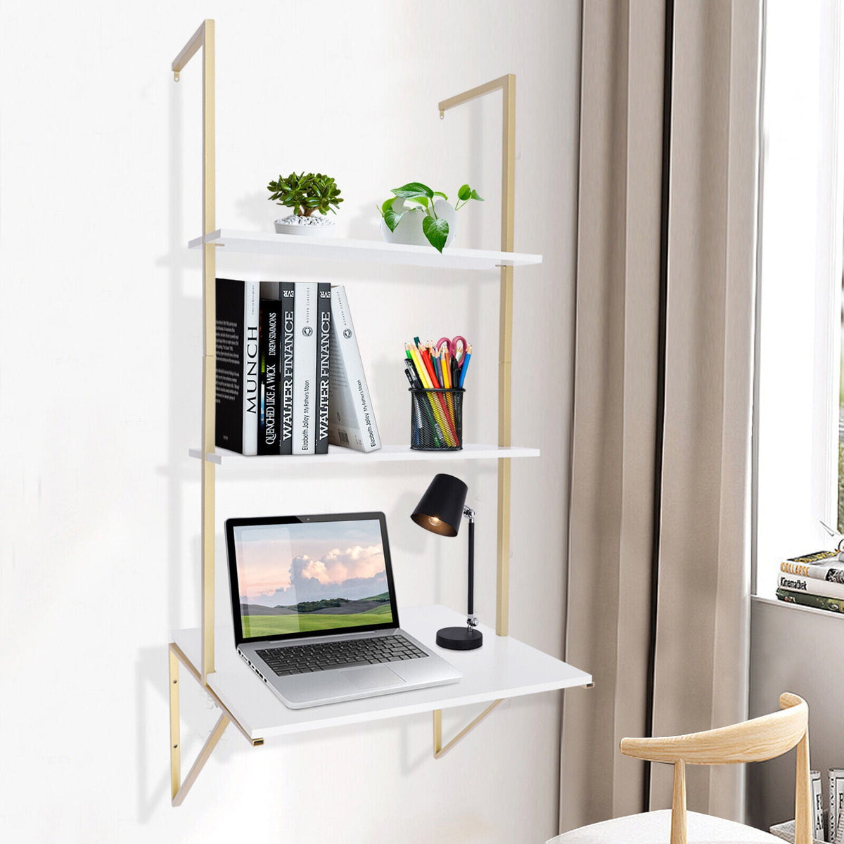 Miumaeov 3 Tier Ladder Shaped Desk Wall Mounted Shelf Floating Hanging Display Rack for Laundry Room Bathroom Kitchen Bedroom Office Gold