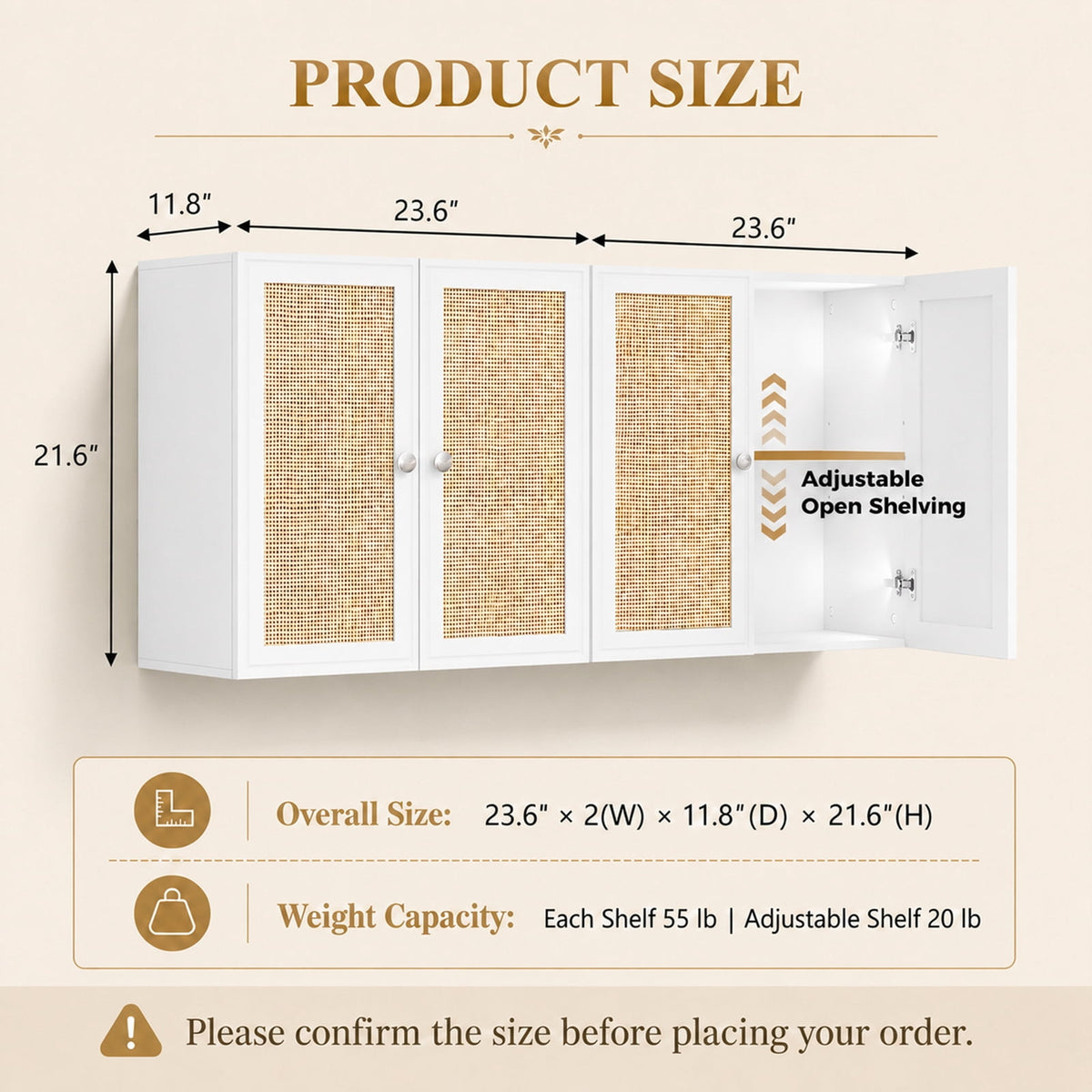 48 Inches Laundry Room Wall Cabinets Bathroom Cabinets Wall Mounted with Adjustable Shelves, Rattan Wall Cabinet for Bedroom, Kitchen, Bathroom