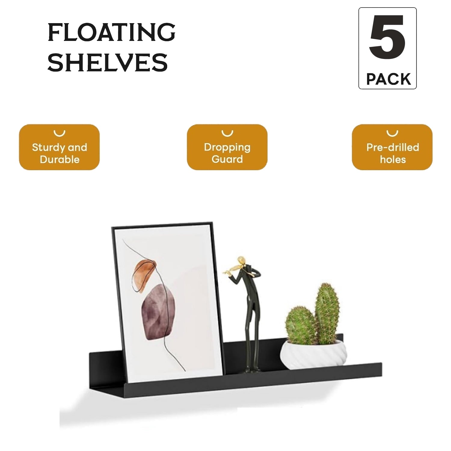 Floating Metal Wall Shelves Picture Ledge W/Lip, Set of 5 Heavy Duty Modern Farmhouse Rustic Designed Shelf (15in Black)