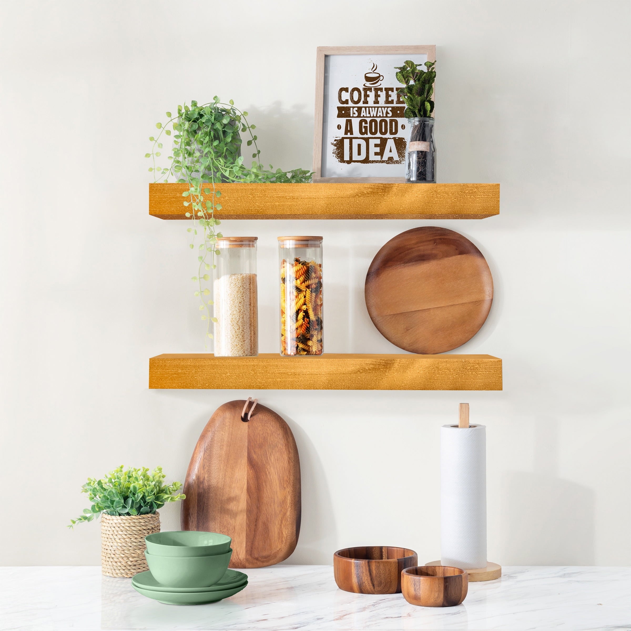 Sorbus Wood Floating Shelves for Wall - 16” Solid Wood Wall Shelves for Bathroom Decor, Books, Bedroom & Living Room - Set of 2 Wall Mounted Kitchen Shelves - Durable 100% Premium Solid Pine