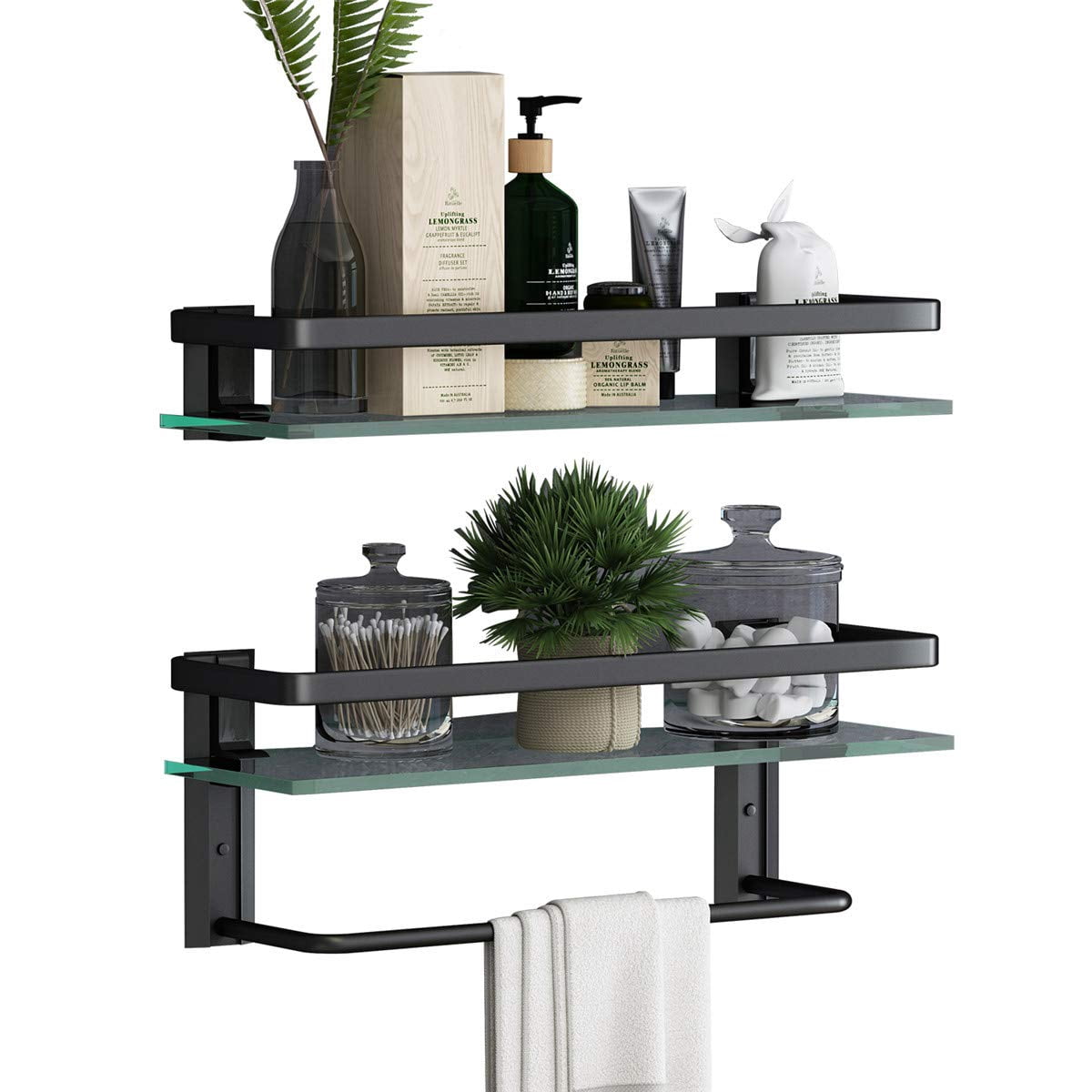Sofinny 2 Tier Glass Shelf for Bathroom Wall Mounted, 15.7in Aluminum Floating Shelves with Towel Bar, No Drilling, 8mm Thick Tempered Glass (Black)