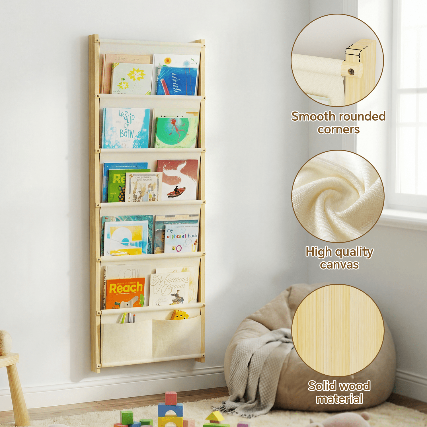 Wood 6-Tier Wall Mounted Kids Bookshelf – Floating Book Shelf For Kids Rooms,Nursery & Classroom, Hanging Bookcase Organizer For Books, Toddler Book Shelf, Montessori Bookshelf, Nursery Shelves