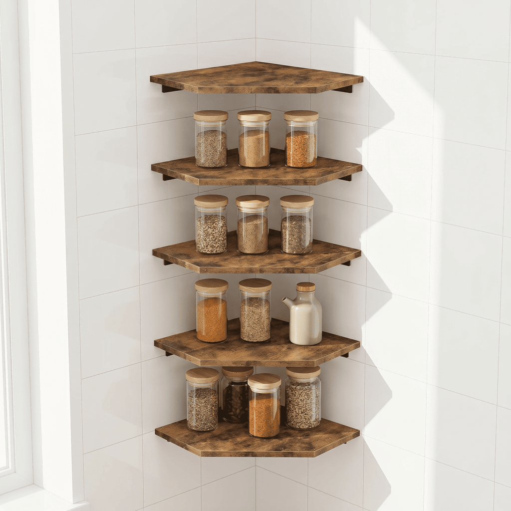 Corner Shelves Wall Mount, Set of 4 Floating Corner Shelves, Wood Corner Hanging Shelves for Bathroom Bedroom Kitchen, Brown