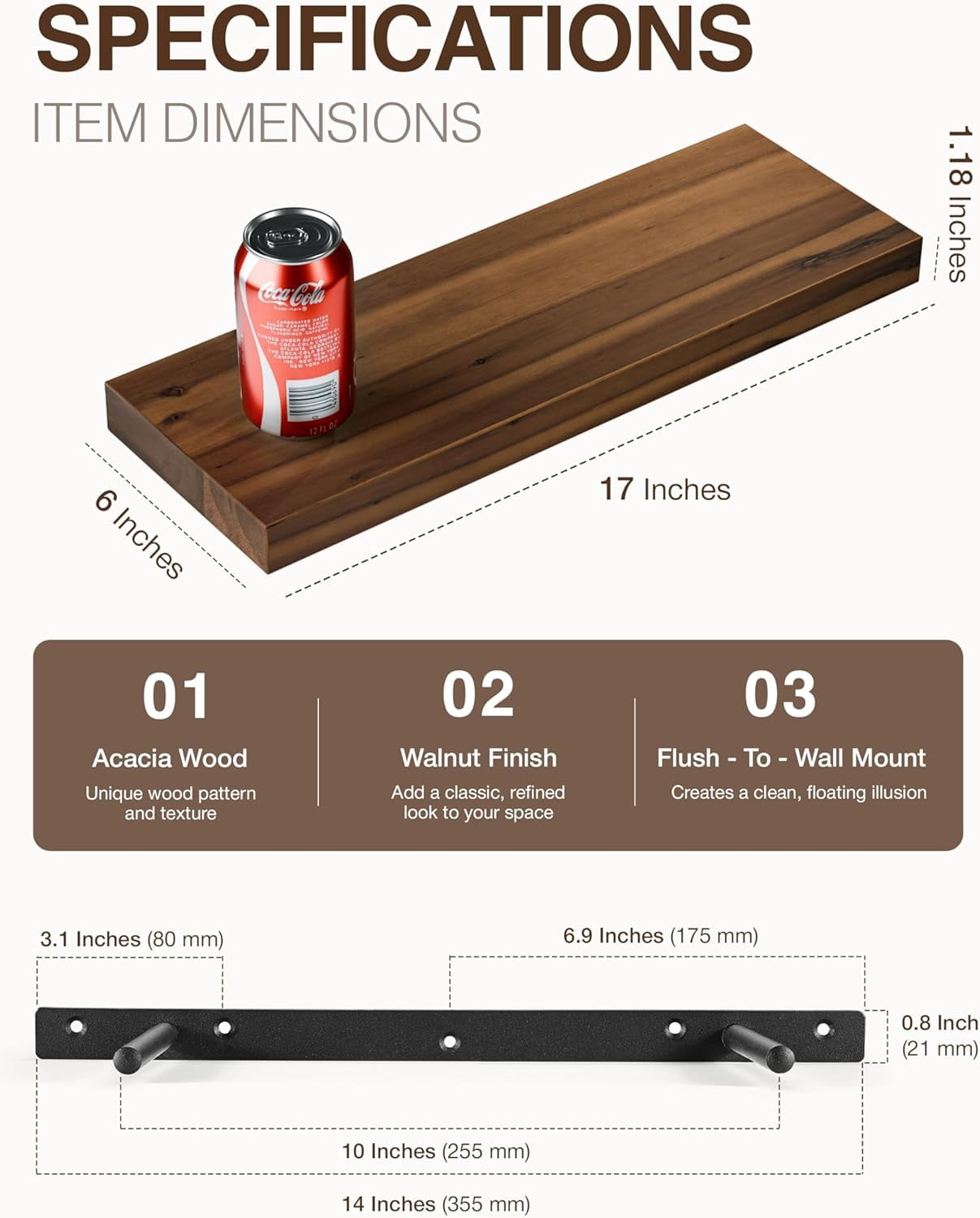 Set of 2 17" Acacia Wood Floating Shelves Wall Mounted, Walnut Color | Rustic Farmhouse Storage Shelf, Floating Effect, 100 LBS Capacity Each, Easy Assembly, Hidden Brackets, Hardware Included