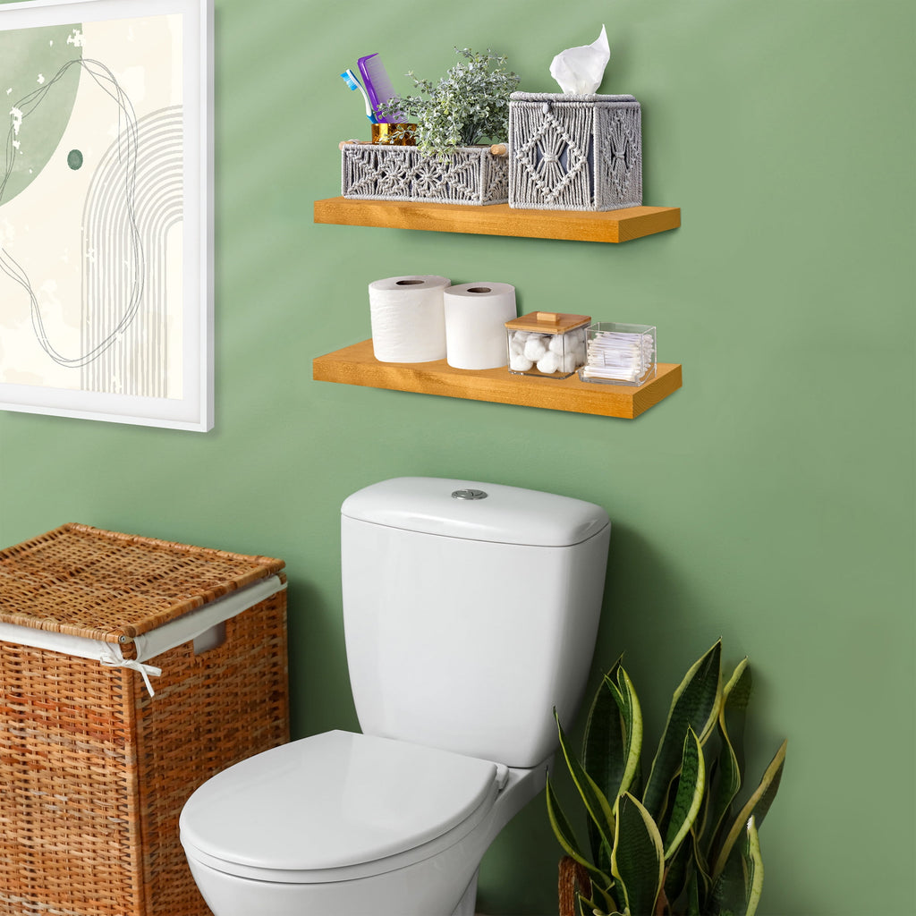 Sorbus Wood Floating Shelves for Wall - 16” Solid Wood Wall Shelves for Bathroom Decor, Books, Bedroom & Living Room - Set of 2 Wall Mounted Kitchen Shelves - Durable 100% Premium Solid Pine