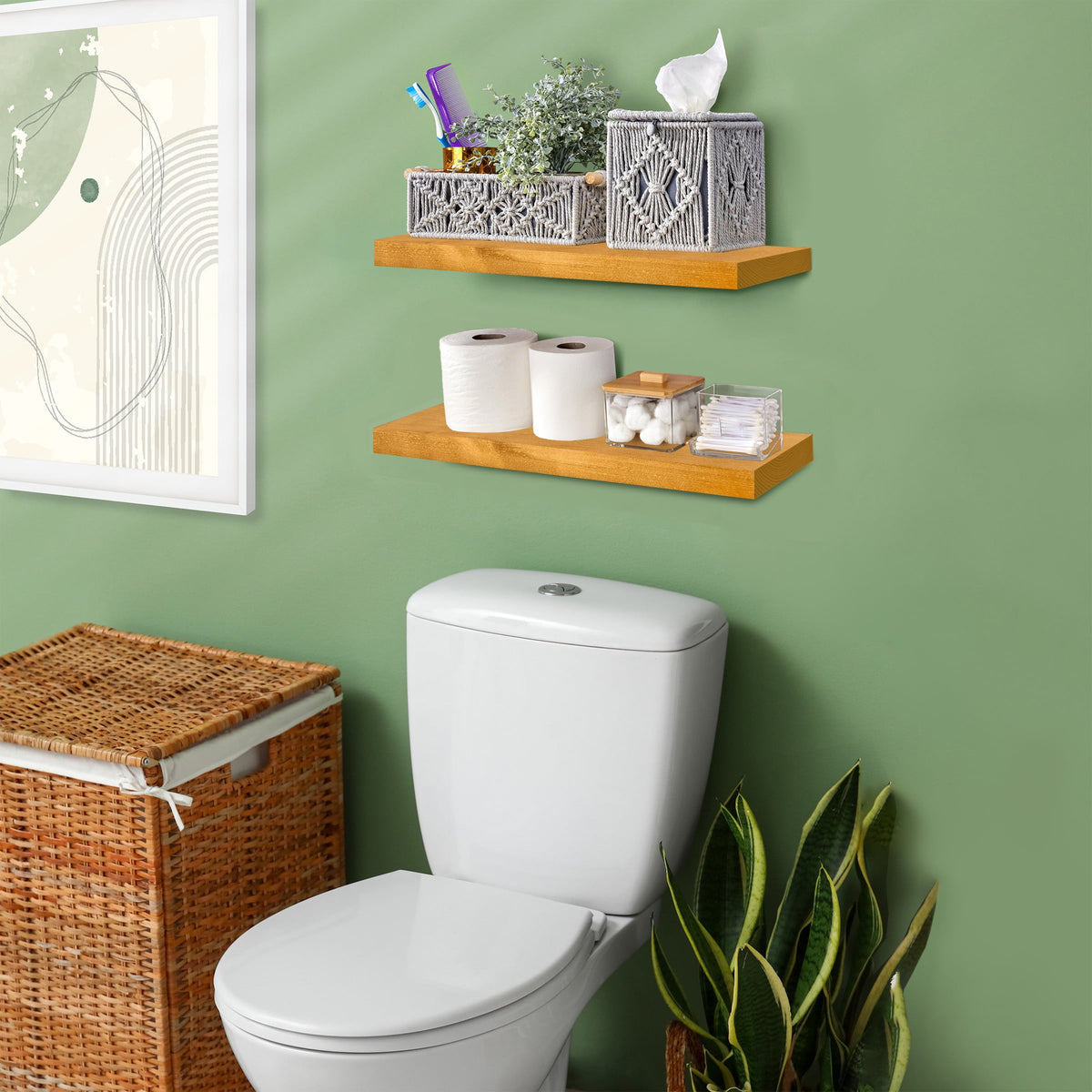 Sorbus Wood Floating Shelves for Wall - 16” Solid Wood Wall Shelves for Bathroom Decor, Books, Bedroom & Living Room - Set of 2 Wall Mounted Kitchen Shelves - Durable 100% Premium Solid Pine