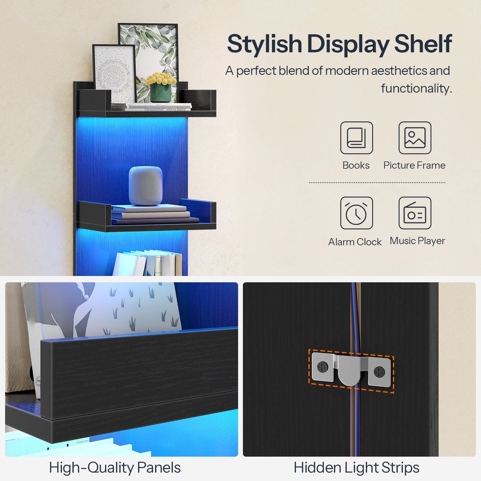 HOOBRO Vertical 4-Tier LED Floating Wall Shelves, Black