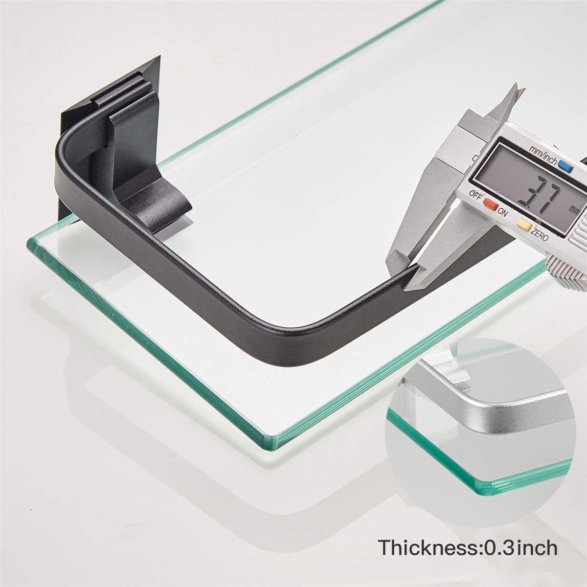 Sofinny 2 Tier Glass Shelf for Bathroom Wall Mounted, 15.7in Aluminum Floating Shelves with Towel Bar, No Drilling, 8mm Thick Tempered Glass (Black)