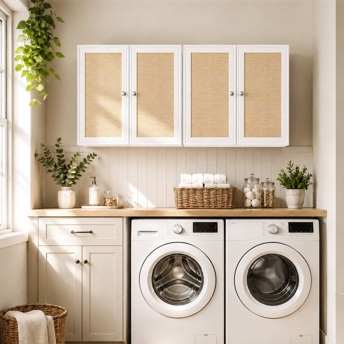 48 Inches Laundry Room Wall Cabinets Bathroom Cabinets Wall Mounted with Adjustable Shelves, Rattan Wall Cabinet for Bedroom, Kitchen, Bathroom