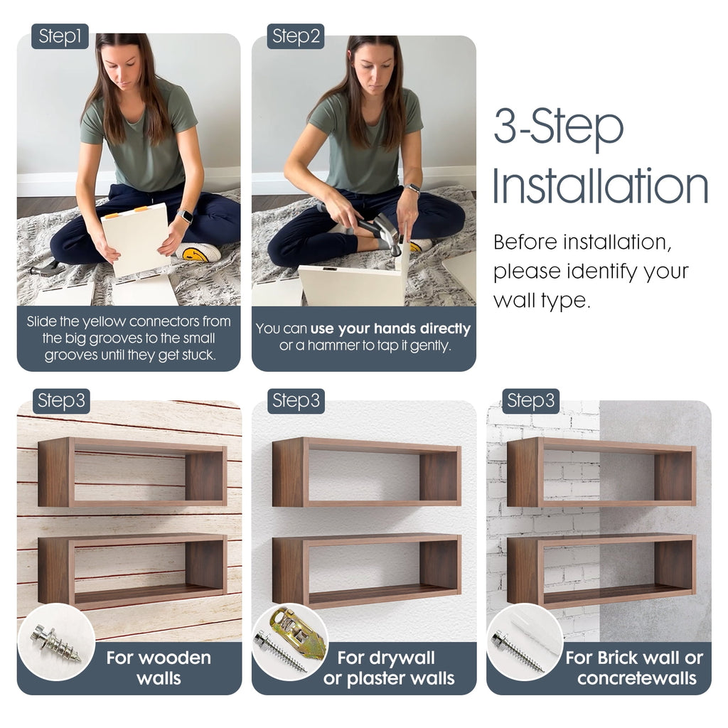 Kaboon 24" Floating Cube Shelves, Set of 2, Wall Mount Decorative Hanging Shelves, Dark Walnut