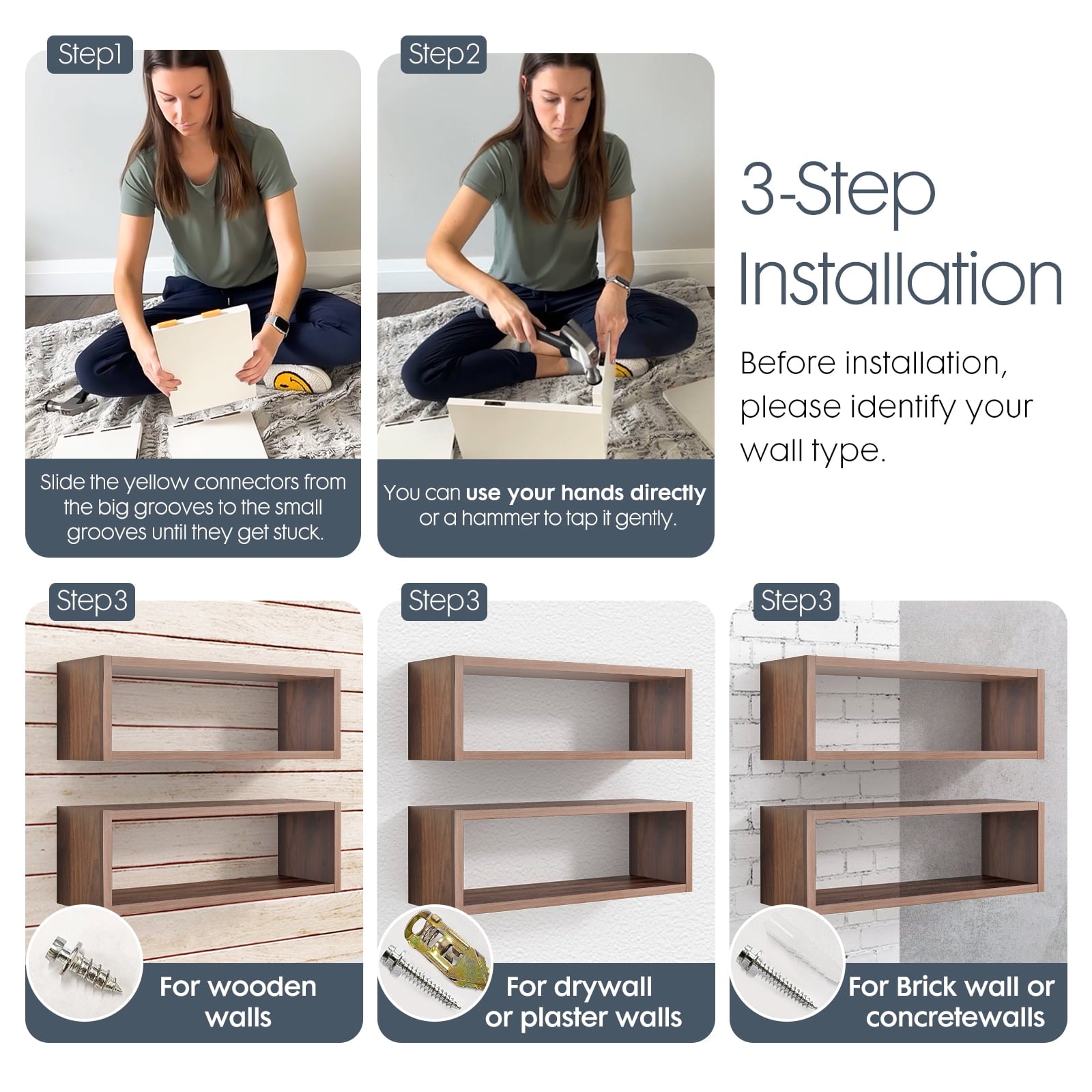 Kaboon 24" Floating Cube Shelves, Set of 2, Wall Mount Decorative Hanging Shelves, Dark Walnut