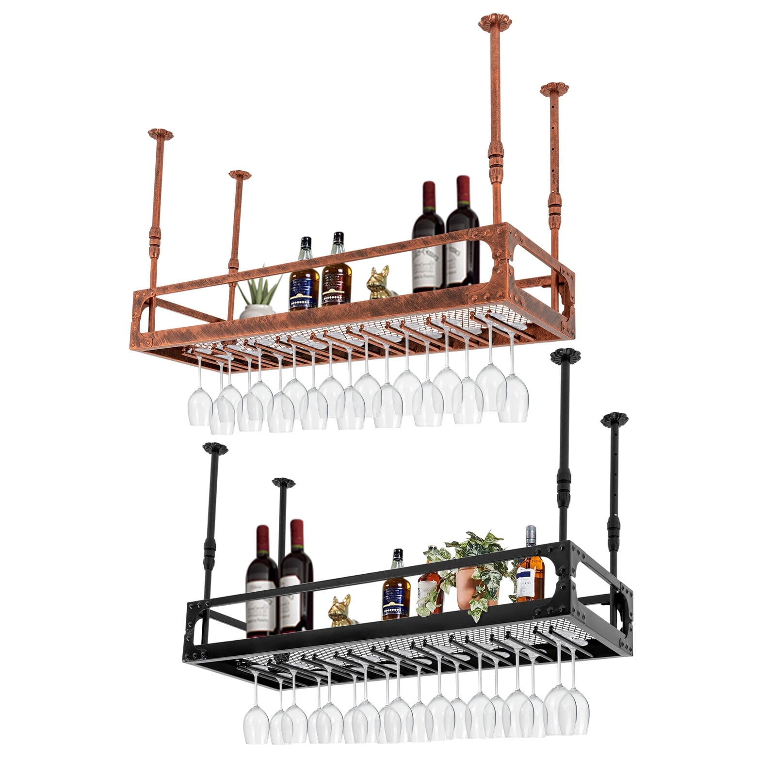 ToppiJoy Industrial Vintage Bar Floating Shelf, Ceiling Mounted Hanging Wine Bottle Holder, Shelf Champagne Glass Rack, for Bar Home (Bronze)
