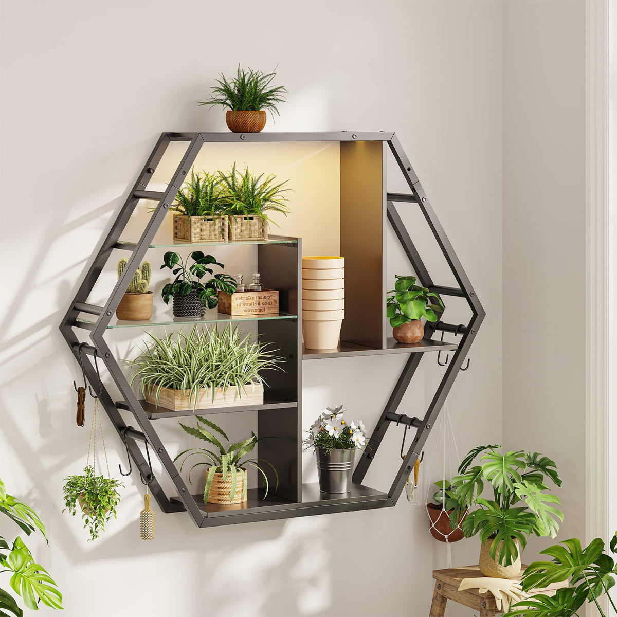 ModFurne LED Wall Shelves - Lighted Display Shelves With Extra Hooks For Gaming Rooms & Bars. Modern Black Floating Shelves With Built-In LED Lighting