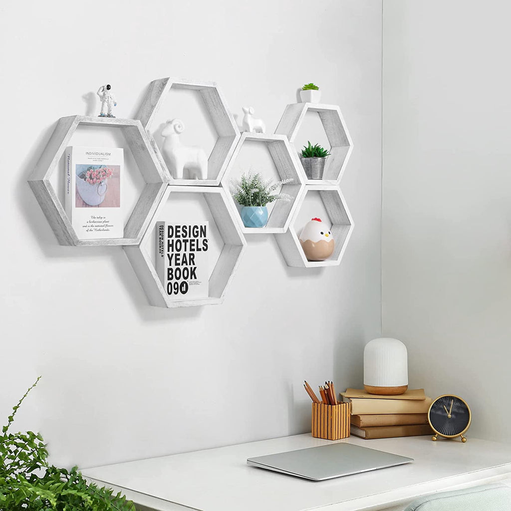 Hexagon Floating Shelves Set of 6 Honeycomb Shelves for Wall, Gray White