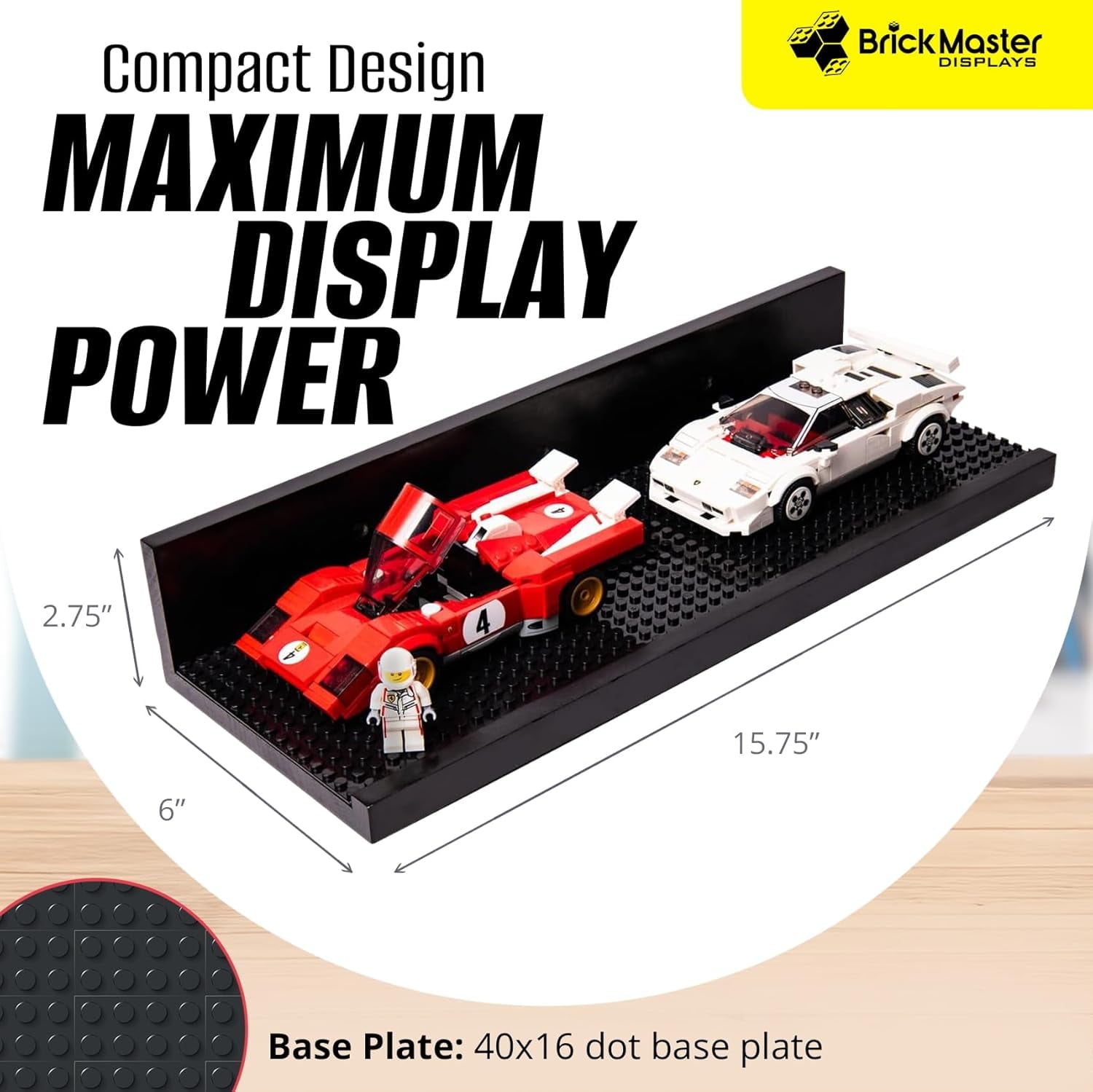 BrickMaster Displays 16 x 16-Inch 1-Tier Floating Shelves - Lego Display Shelf, Black 2-Pack