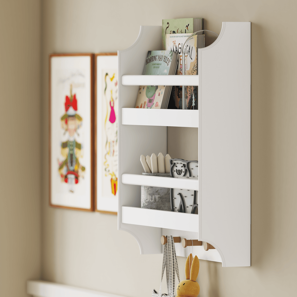 STAROUS 2-Tier Hanging Bookshelves for Wall Decor and Storage Floating Nursery Book Shelves with Hooks, Wall Mounted Baby Book Shelf