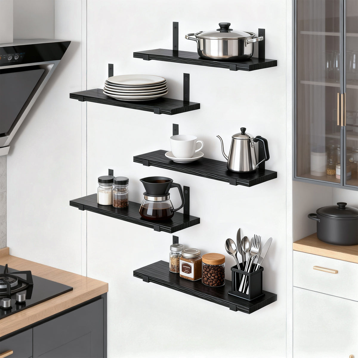 Floating Shelves Set of 5, Width 4.7 Inches Wall Shelves, Rustic Wood Wall Storage Shelves Black