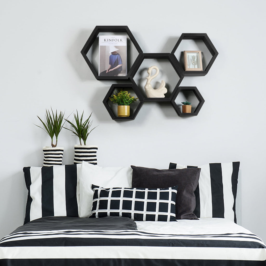 Hexagon Floating Shelves 5 Different Sizes Honeycomb Shelves for Wall, Black