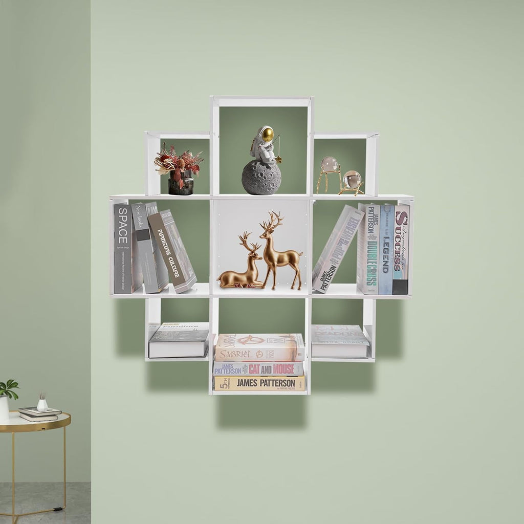 Wall Mounted Book Shelf Modern 3-Tier Floating Shelf Bookcase with 9 Compartments Wall Storage Shelves Floating Cube Shelf for Living Room Decoration Decor (White)