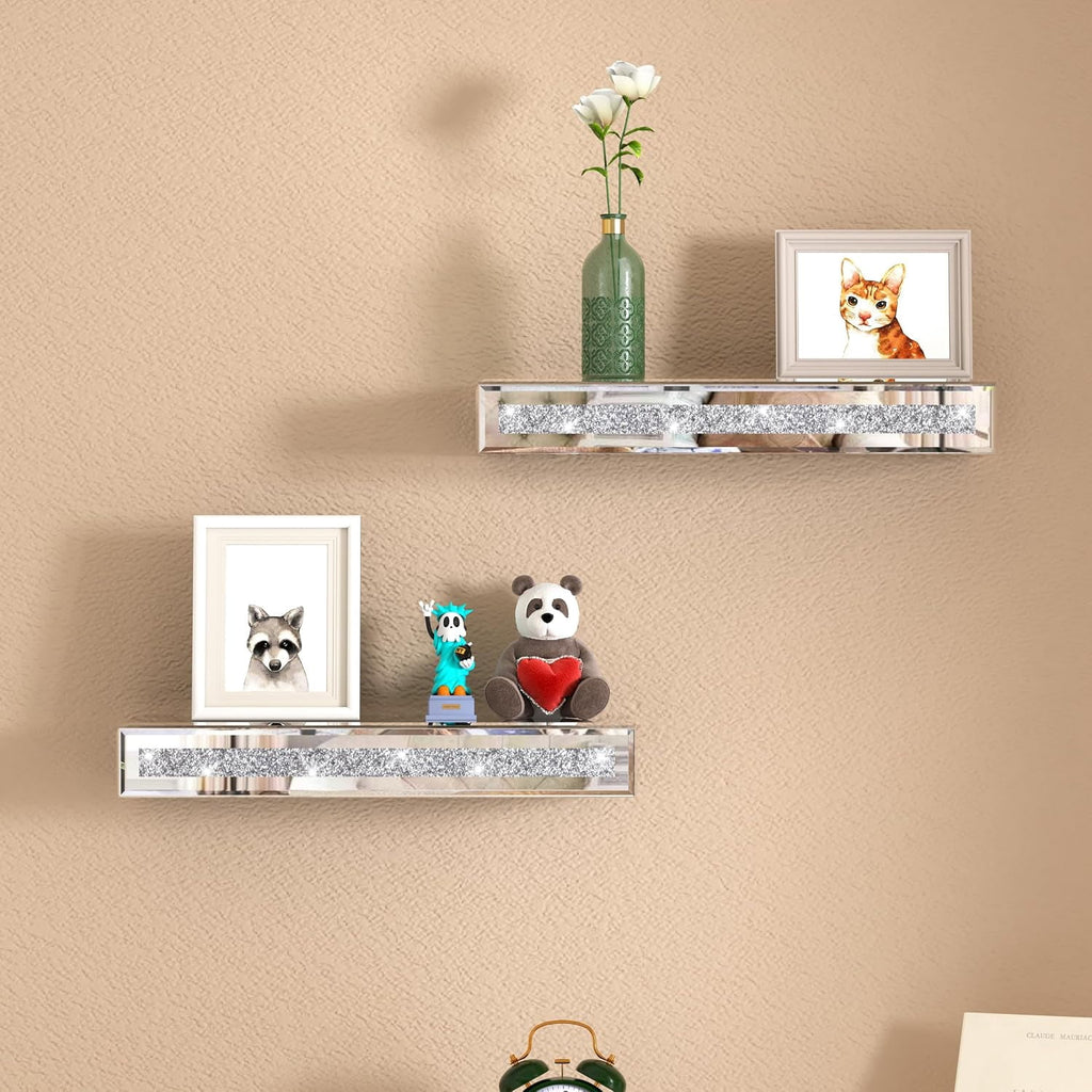SHYFOY 15"x5.9" Glitter Glass Mirrored Floating Shelves (Set of 2)