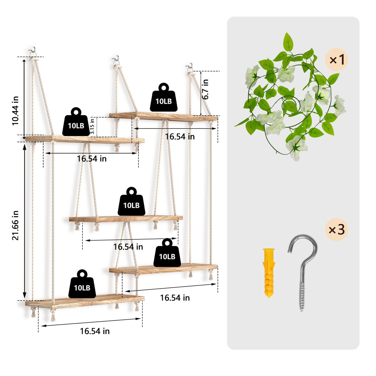 FKS LIFE Hanging Shelves for Wall, Macrame Hanging Plant Shelf with Vine Lights 5 Tier Rope Floating Shelf Storage Rack Boho Wall Decor
