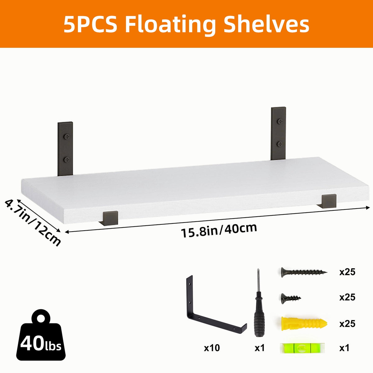 Fairy Floating Shelves, Rustic Wood Wall Storage Shelves Set of 5, 15.7in x 4.7in x 0.6in, White