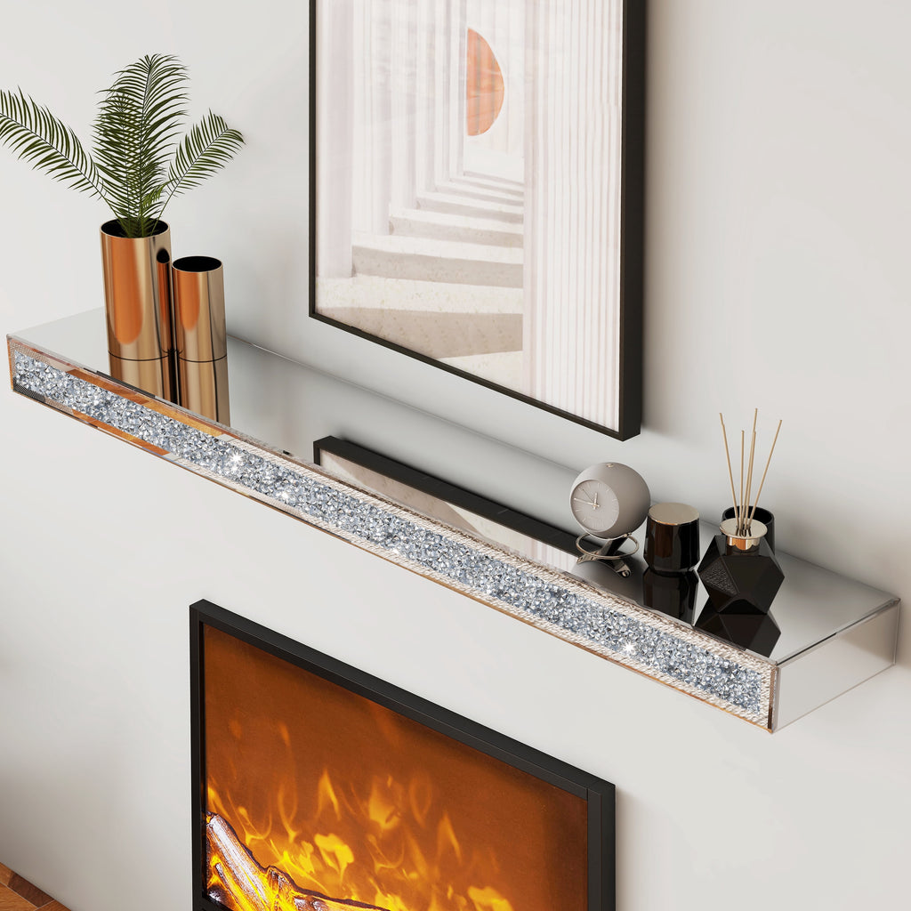 SHYFOY 48" Fireplace Mantel Mirrored Floating Shelf with Faux Diamond Inlay Accent Shelf for Wall Decor