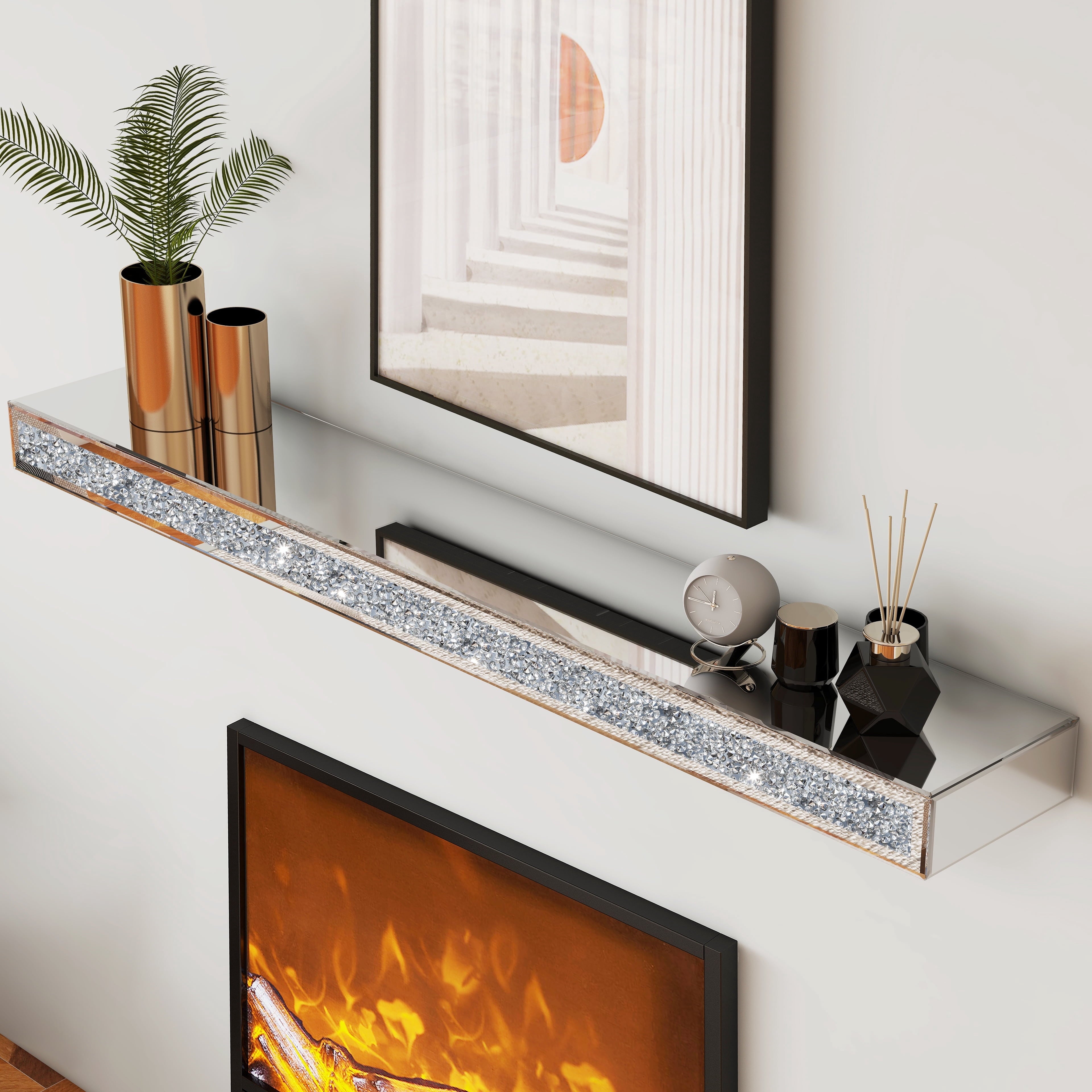 SHYFOY 48" Fireplace Mantel Mirrored Floating Shelf with Faux Diamond Inlay Accent Shelf for Wall Decor