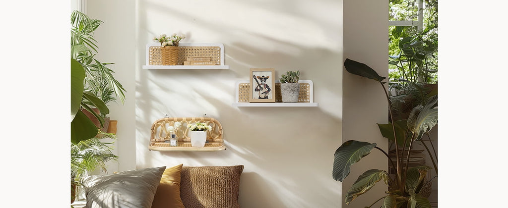 Sumgar Rattan Wall Shelf 16inch Set of 2, Handmade White Floating Shelves Boho Wall Decor, Rustic Wood Cute Wall Mounted Storage Shelves for Living Room Nursery Bedroom