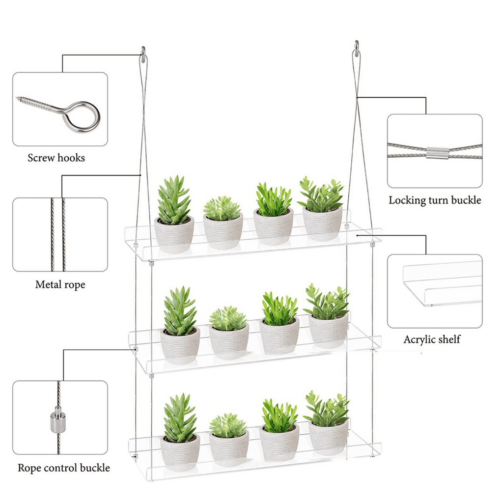 3-Tier Window Plant Shelves 16 Inch, Acrylic Adjustable Hanging Floating Shelf, Window Sill Extender for Indoor Plants