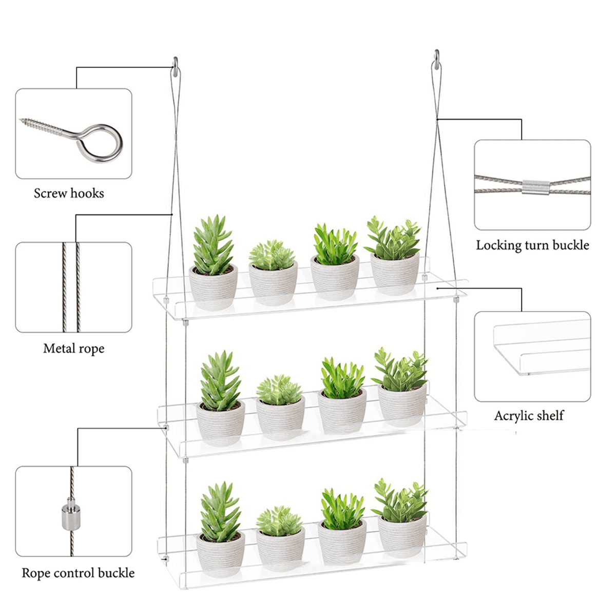 3-Tier Window Plant Shelves 16 Inch, Acrylic Adjustable Hanging Floating Shelf, Window Sill Extender for Indoor Plants
