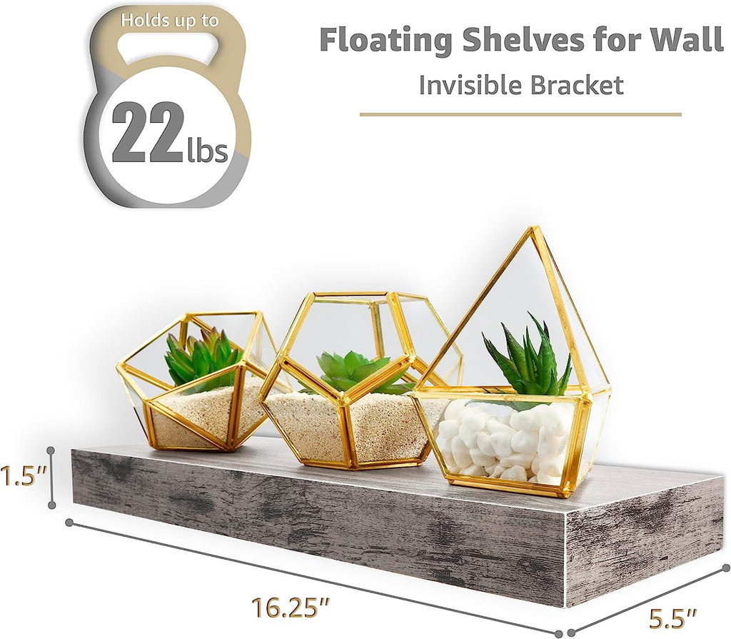 Sorbus 16.25" Gray Rustic Floating Shelves (Set of 3) – Wall Storage for Décor, Frames, Trophies