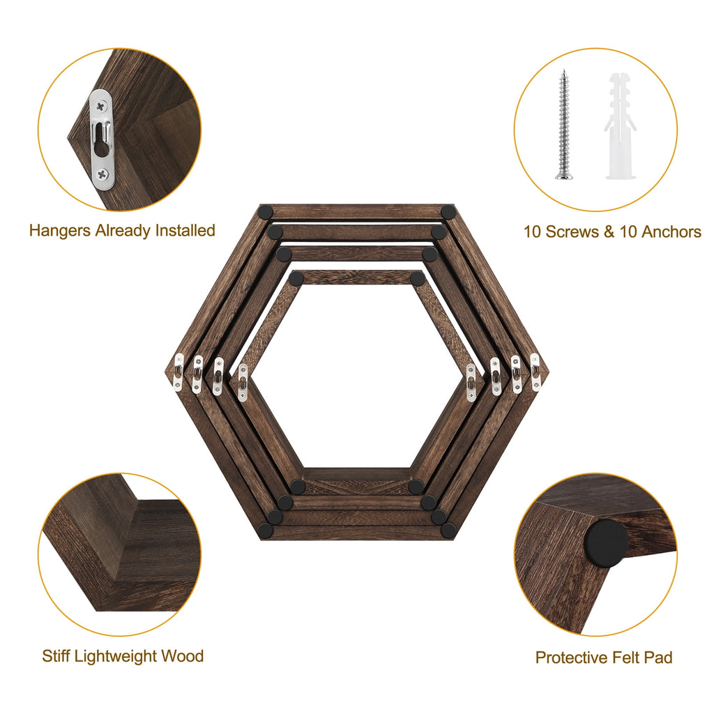 Hexagon Floating Shelves Set of 8 Honeycomb Shelves for Wall, Brown