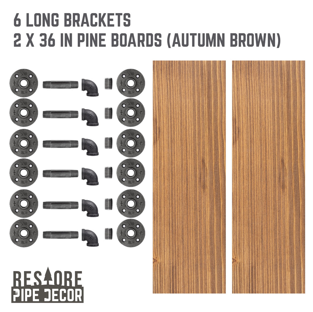 36 in. x 7.5 in. x 6.75 in. Autumn Brown Restore Wood Wall Shelving with Industrial Steel Pipe L- Brackets