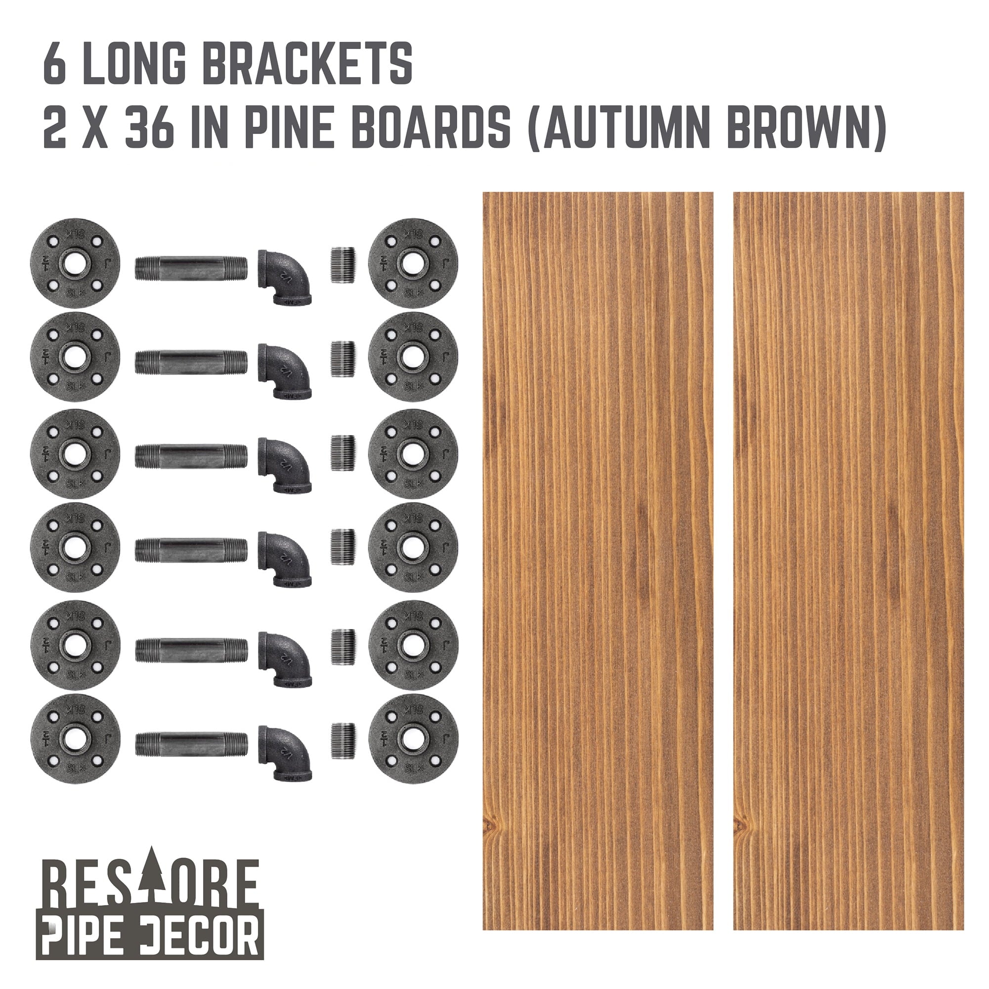 36 in. x 7.5 in. x 6.75 in. Autumn Brown Restore Wood Wall Shelving with Industrial Steel Pipe L- Brackets