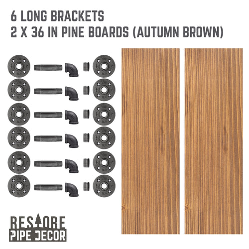 36 in. x 7.5 in. x 6.75 in. Autumn Brown Restore Wood Wall Shelving with Industrial Steel Pipe L- Brackets
