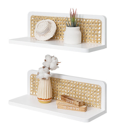 Sumgar Rattan Wall Shelf 16inch Set of 2, Handmade White Floating Shelves Boho Wall Decor, Rustic Wood Cute Wall Mounted Storage Shelves for Living Room Nursery Bedroom